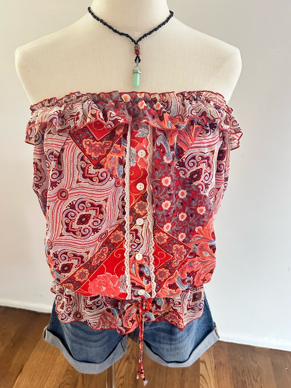 Euro Paisley Off-Shoulder Boho Blouse Red Pink Festival Top Tie Front L